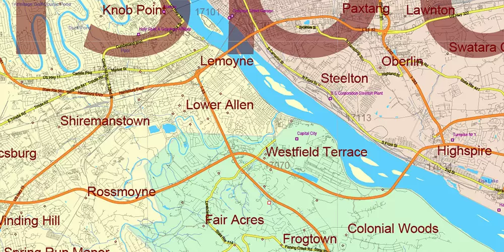 Pennsylvania State US Map Vector Exact Roads Plan High Detailed Street Map + Counties + Zipcodes editable Adobe Illustrator in layers