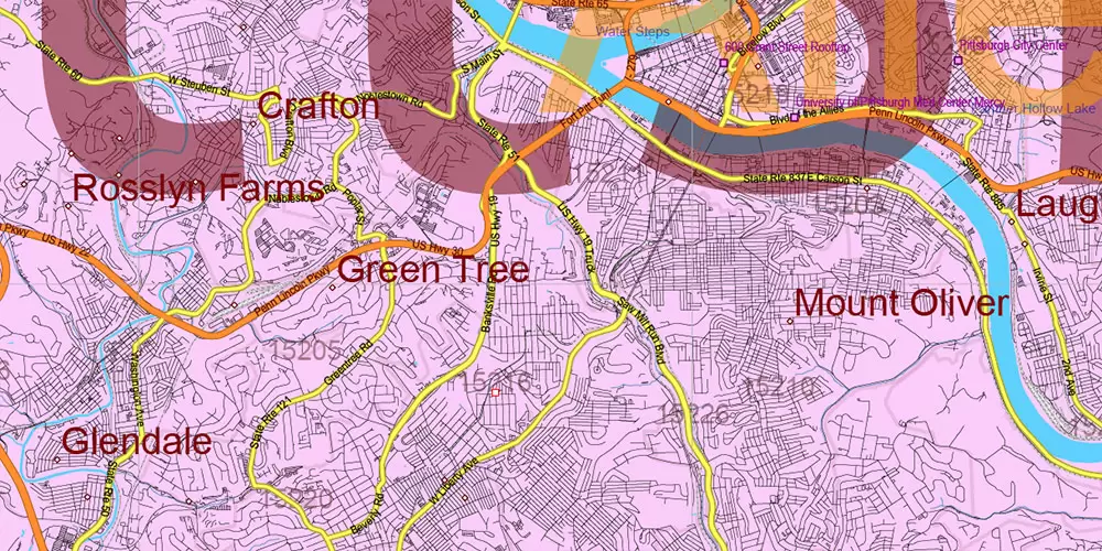 Pennsylvania State US Map Vector Exact Roads Plan High Detailed Street Map + Counties + Zipcodes editable Adobe Illustrator in layers