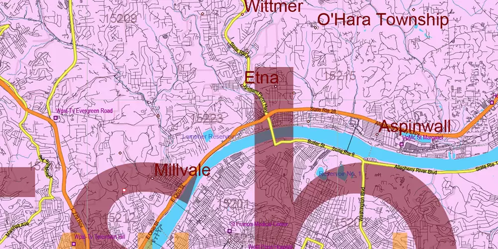 Pennsylvania State US Map Vector Exact Roads Plan High Detailed Street Map + Counties + Zipcodes editable Adobe Illustrator in layers