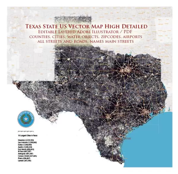 Texas State US Map Vector Exact Roads Plan High Detailed Street Map + Counties + Zipcodes editable Adobe Illustrator in layers