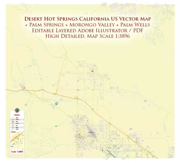 Desert Hot Springs + Palm Springs California US Map Vector High Detailed editable Adobe Illustrator in layers