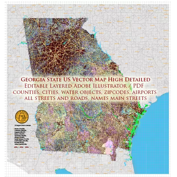 Georgia State US PDF Vector Map Exact Roads Plan High Detailed Street Map + Counties + Zipcodes editable Adobe PDF in layers