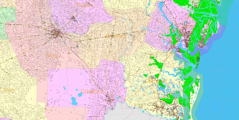 Georgia State US PDF Vector Map Exact Roads Plan High Detailed Street Map + Counties + Zipcodes editable Adobe PDF in layers