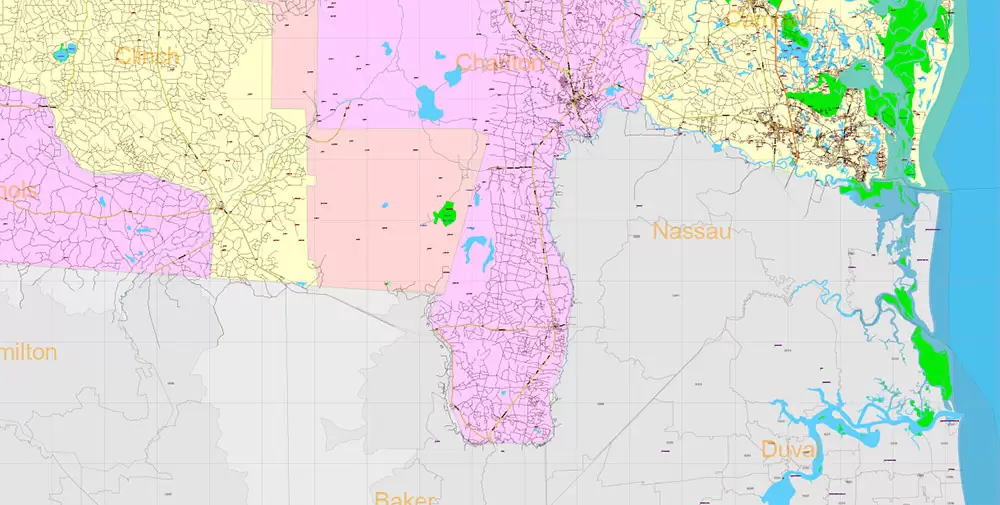 Georgia State US PDF Vector Map Exact Roads Plan High Detailed Street Map + Counties + Zipcodes editable Adobe PDF in layers