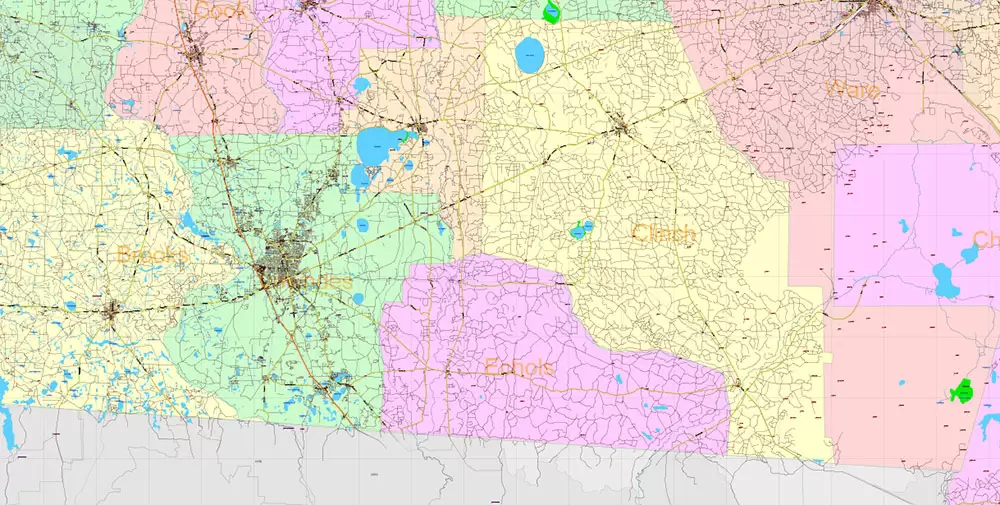 Georgia State US PDF Vector Map Exact Roads Plan High Detailed Street Map + Counties + Zipcodes editable Adobe PDF in layers