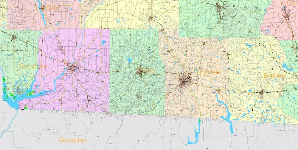Georgia State US PDF Vector Map Exact Roads Plan High Detailed Street Map + Counties + Zipcodes editable Adobe PDF in layers