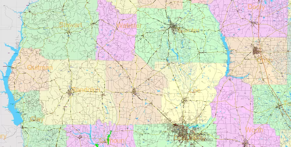 Georgia State US PDF Vector Map Exact Roads Plan High Detailed Street Map + Counties + Zipcodes editable Adobe PDF in layers