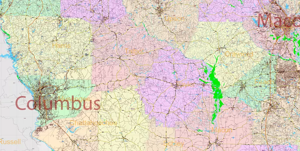 Georgia State US PDF Vector Map Exact Roads Plan High Detailed Street Map + Counties + Zipcodes editable Adobe PDF in layers