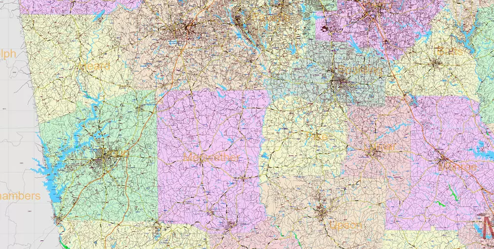 Georgia State US PDF Vector Map Exact Roads Plan High Detailed Street Map + Counties + Zipcodes editable Adobe PDF in layers