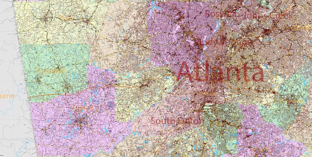 Georgia State US PDF Vector Map Exact Roads Plan High Detailed Street Map + Counties + Zipcodes editable Adobe PDF in layers