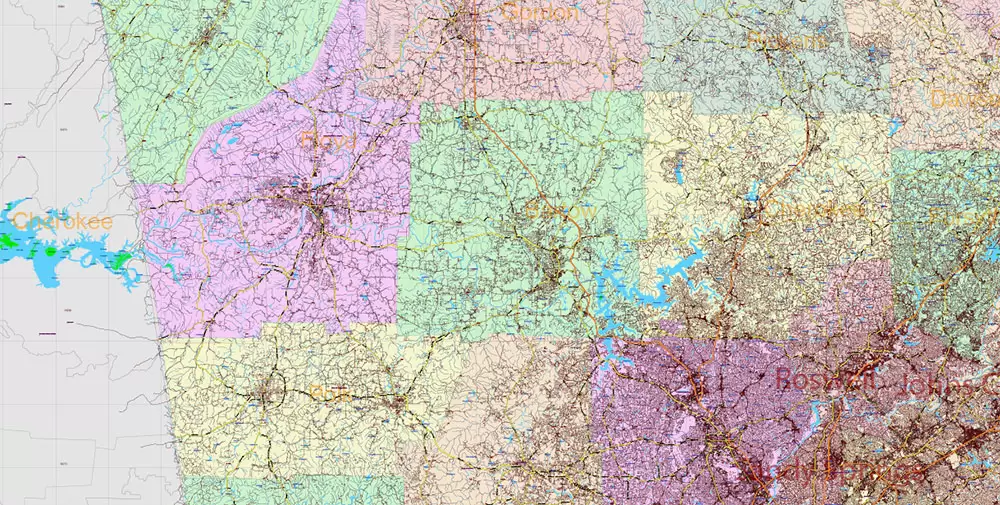 Georgia State US PDF Vector Map Exact Roads Plan High Detailed Street Map + Counties + Zipcodes editable Adobe PDF in layers