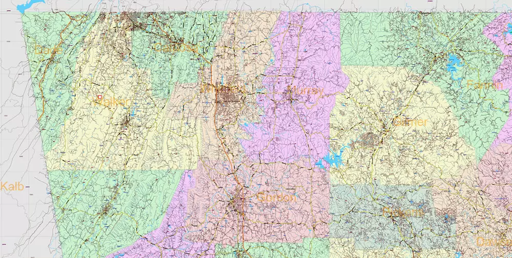 Georgia State US PDF Vector Map Exact Roads Plan High Detailed Street Map + Counties + Zipcodes editable Adobe PDF in layers