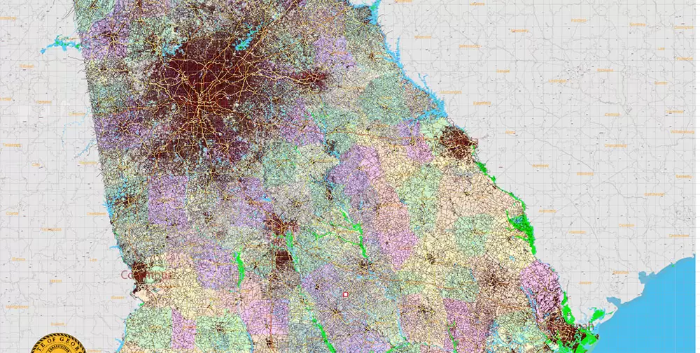 Georgia State US PDF Vector Map Exact Roads Plan High Detailed Street Map + Counties + Zipcodes editable Adobe PDF in layers