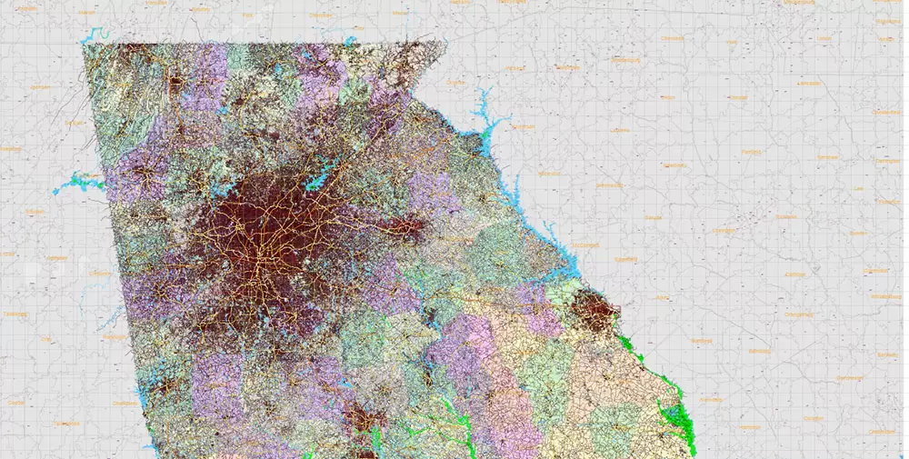 Georgia State US PDF Vector Map Exact Roads Plan High Detailed Street Map + Counties + Zipcodes editable Adobe PDF in layers