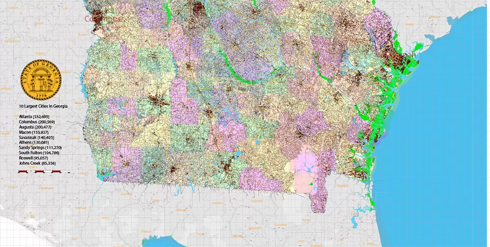 Georgia State US PDF Vector Map Exact Roads Plan High Detailed Street Map + Counties + Zipcodes editable Adobe PDF in layers