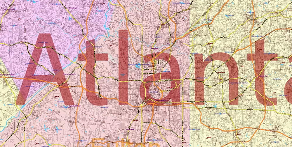 Georgia State US PDF Vector Map Exact Roads Plan High Detailed Street Map + Counties + Zipcodes editable Adobe PDF in layers