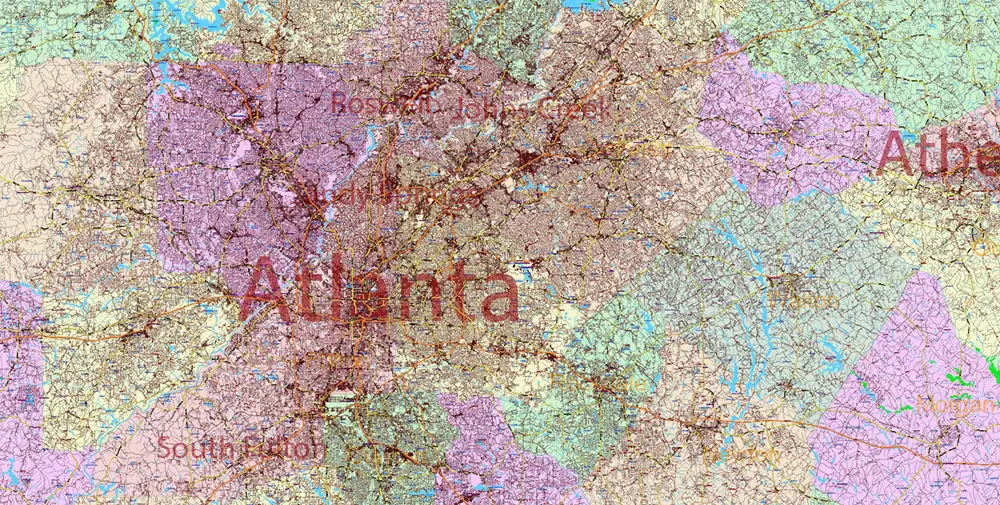 Georgia State US PDF Vector Map Exact Roads Plan High Detailed Street Map + Counties + Zipcodes editable Adobe PDF in layers