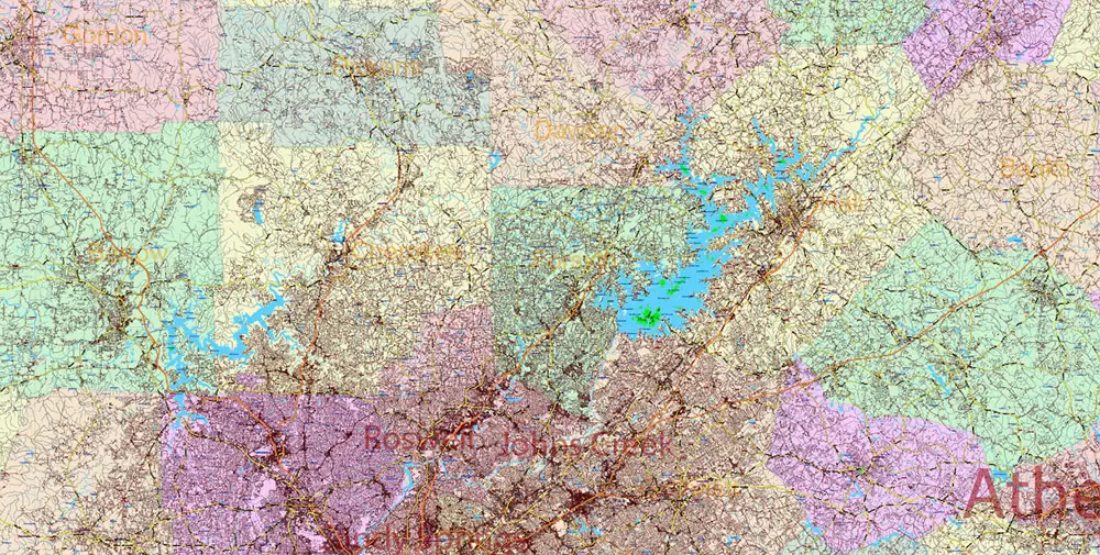 Georgia State US PDF Vector Map Exact Roads Plan High Detailed Street Map + Counties + Zipcodes editable Adobe PDF in layers