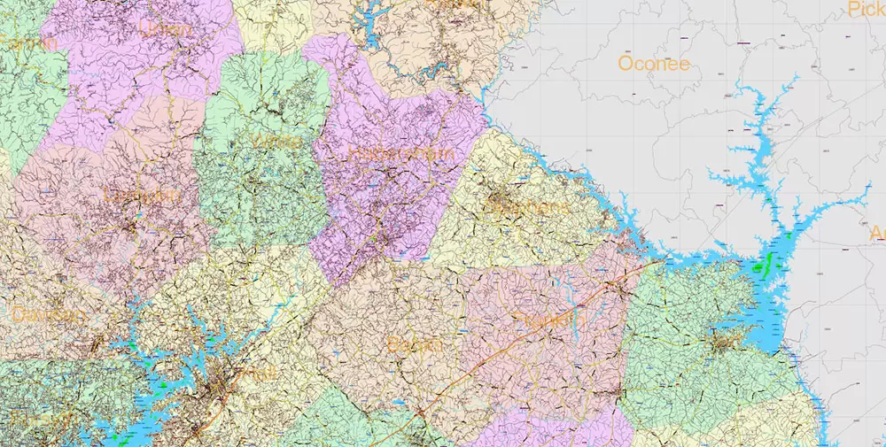 Georgia State US PDF Vector Map Exact Roads Plan High Detailed Street Map + Counties + Zipcodes editable Adobe PDF in layers