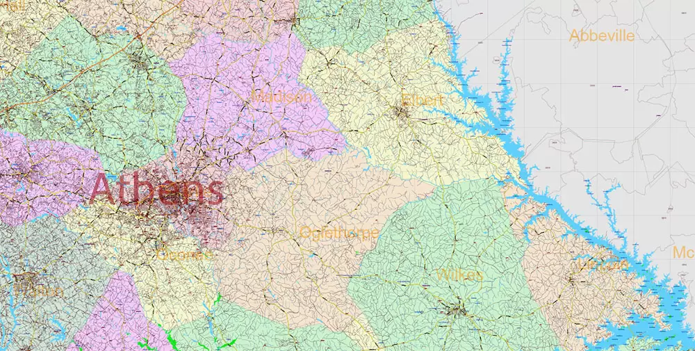 Georgia State US PDF Vector Map Exact Roads Plan High Detailed Street Map + Counties + Zipcodes editable Adobe PDF in layers