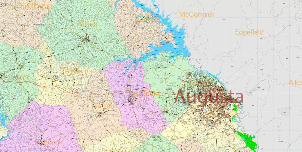 Georgia State US PDF Vector Map Exact Roads Plan High Detailed Street Map + Counties + Zipcodes editable Adobe PDF in layers