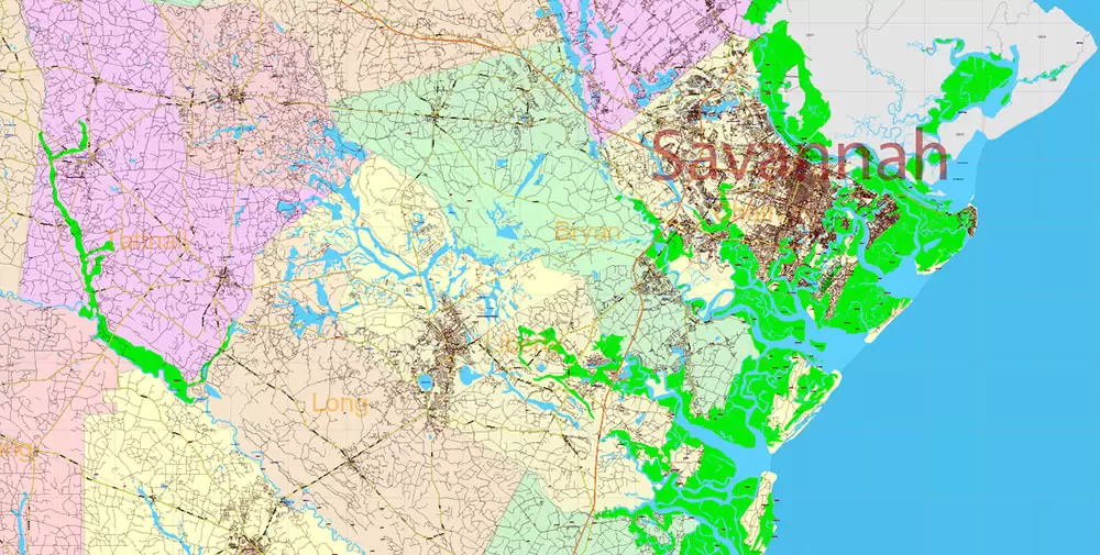 Georgia State US PDF Vector Map Exact Roads Plan High Detailed Street Map + Counties + Zipcodes editable Adobe PDF in layers