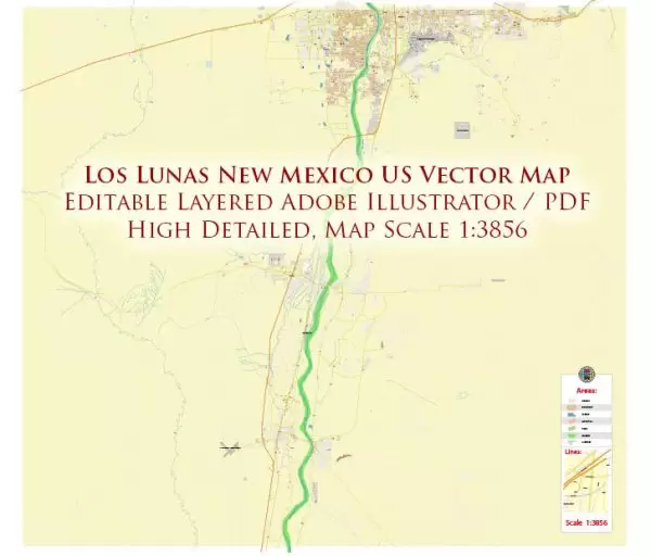 Los Lunas New Mexico + Albuquerque Airport US Map Vector High Detailed editable Adobe Illustrator in layers