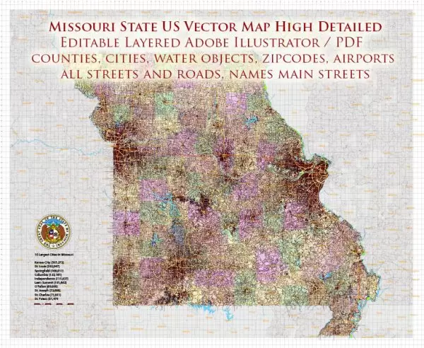 Missouri State US Map Vector Exact Roads Plan High Detailed Street Map + Counties + Zipcodes editable Adobe Illustrator in layers