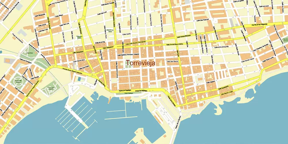 Quesada Torrevieja Spain Map Vector Exact City Plan High Detailed Street Map editable Adobe Illustrator in layers