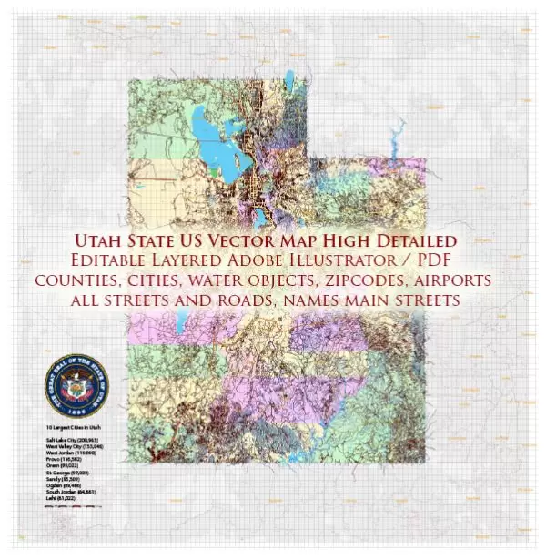 Utah State US Map Vector Exact Roads Plan High Detailed Street Map + Counties + Zipcodes editable Adobe Illustrator in layers