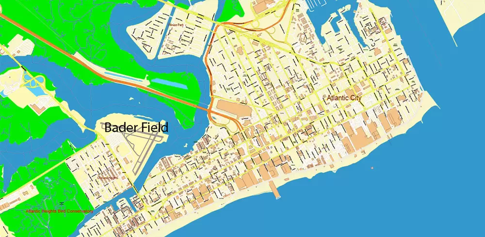 Atlantic City Area New Jersey US Map Vector City Plan High Detailed Street Map editable Adobe Illustrator in layers