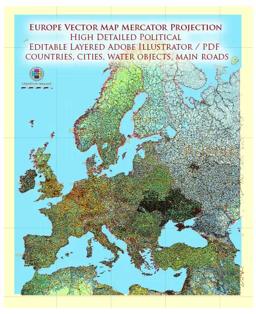 Europe Mercator Projection Political Vector Map High detailed fully editable, Adobe Illustrator
