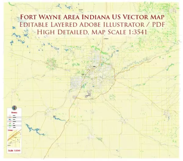 Fort Wayne Indiana US Area Map Vector City Plan High Detailed Street Map editable Adobe Illustrator in layers