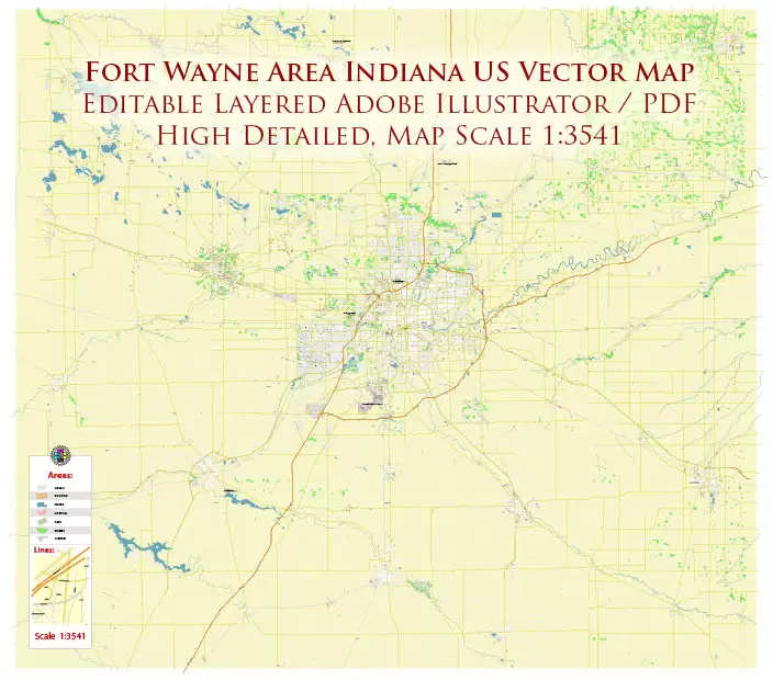 Fort Wayne Indiana US Area PDF Vector Map: City Plan High Detailed Street Map editable Adobe PDF in layers