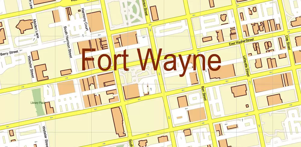 Fort Wayne Indiana US Area PDF Vector Map: City Plan High Detailed Street Map editable Adobe PDF in layers
