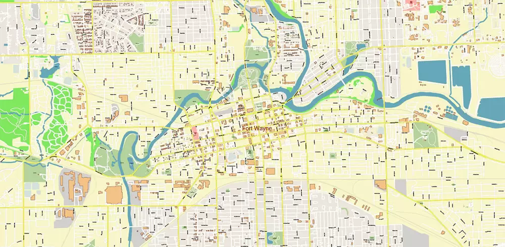 Fort Wayne Indiana US Area PDF Vector Map: City Plan High Detailed Street Map editable Adobe PDF in layers