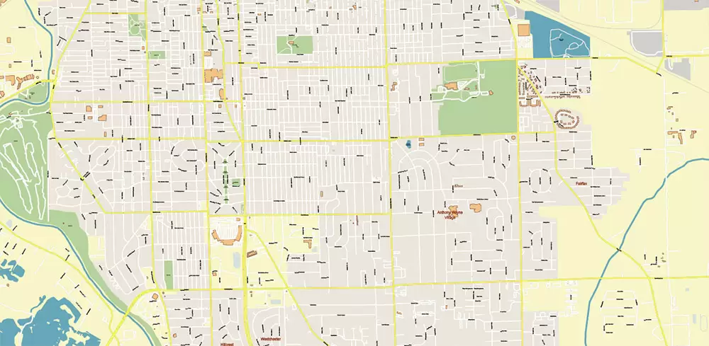 Fort Wayne Indiana US Area PDF Vector Map: City Plan High Detailed Street Map editable Adobe PDF in layers