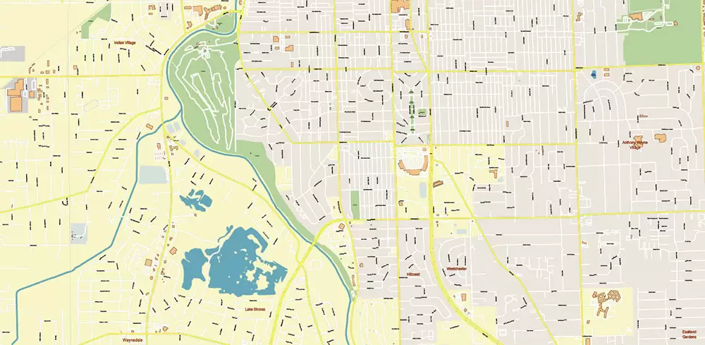 Fort Wayne Indiana US Area PDF Vector Map: City Plan High Detailed Street Map editable Adobe PDF in layers