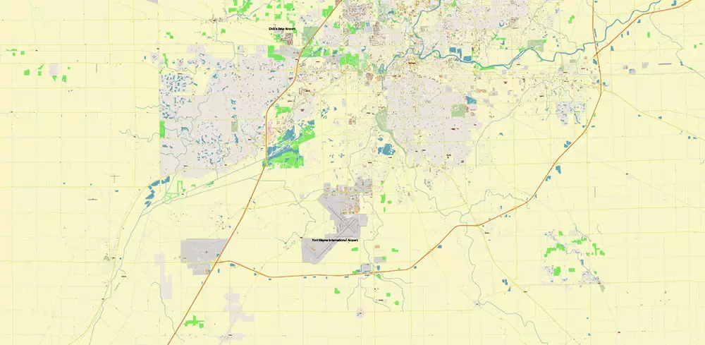 Fort Wayne Indiana US Area PDF Vector Map: City Plan High Detailed Street Map editable Adobe PDF in layers