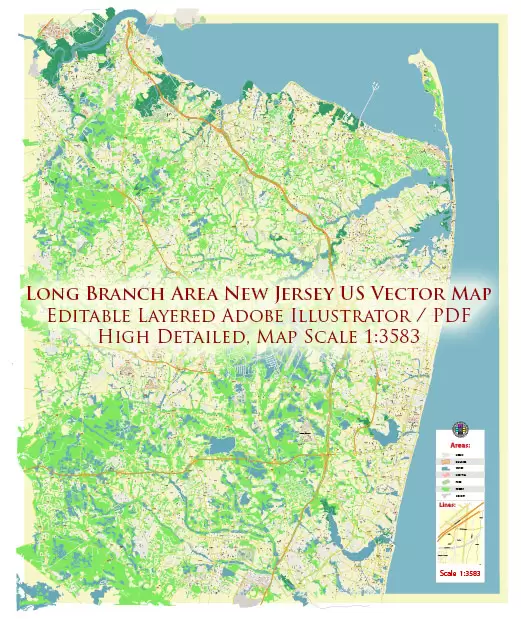 Long Branch Area New Jersey US PDF Vector Map: City Plan High Detailed Street Map editable Adobe PDF in layers