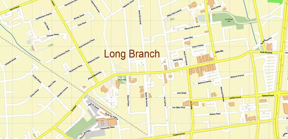 Long Branch Area New Jersey US PDF Vector Map: City Plan High Detailed Street Map editable Adobe PDF in layers