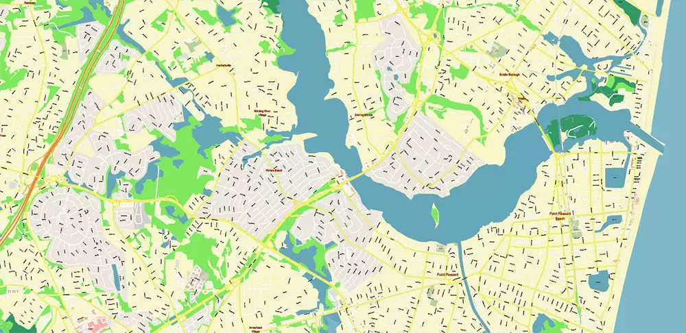 Long Branch Area New Jersey US PDF Vector Map: City Plan High Detailed Street Map editable Adobe PDF in layers