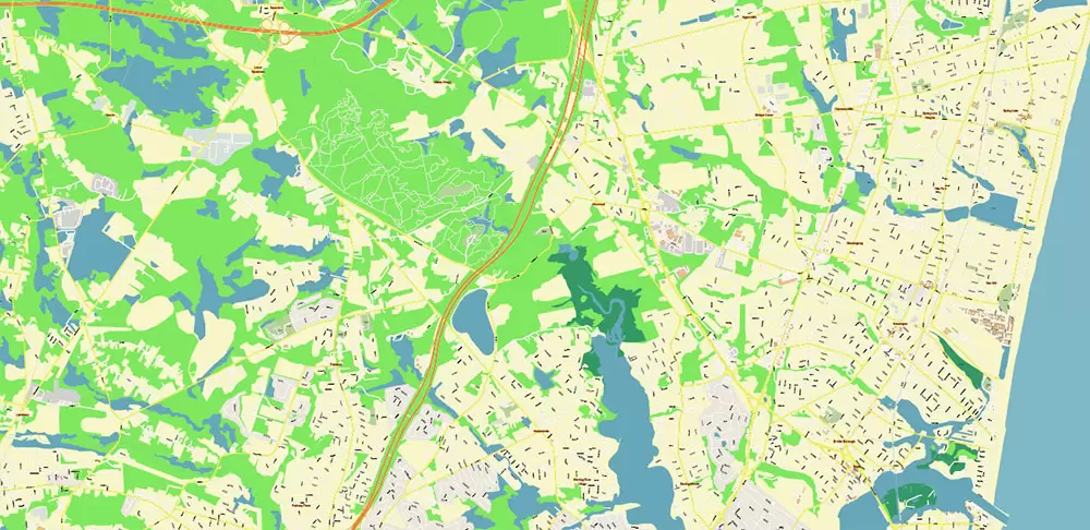 Long Branch Area New Jersey US PDF Vector Map: City Plan High Detailed Street Map editable Adobe PDF in layers