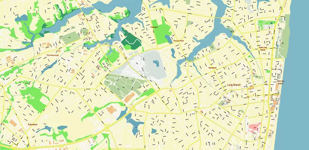 Long Branch Area New Jersey US PDF Vector Map: City Plan High Detailed Street Map editable Adobe PDF in layers