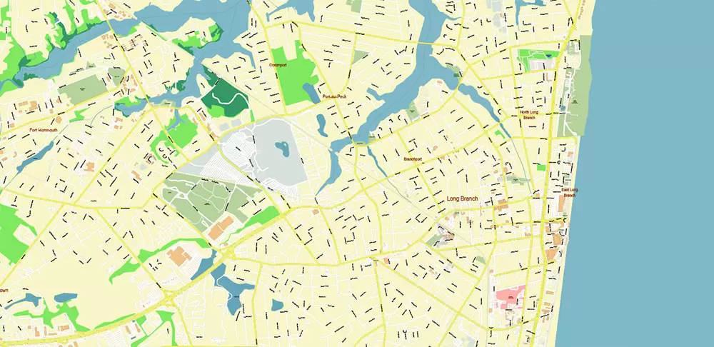 Long Branch Area New Jersey US PDF Vector Map: City Plan High Detailed Street Map editable Adobe PDF in layers