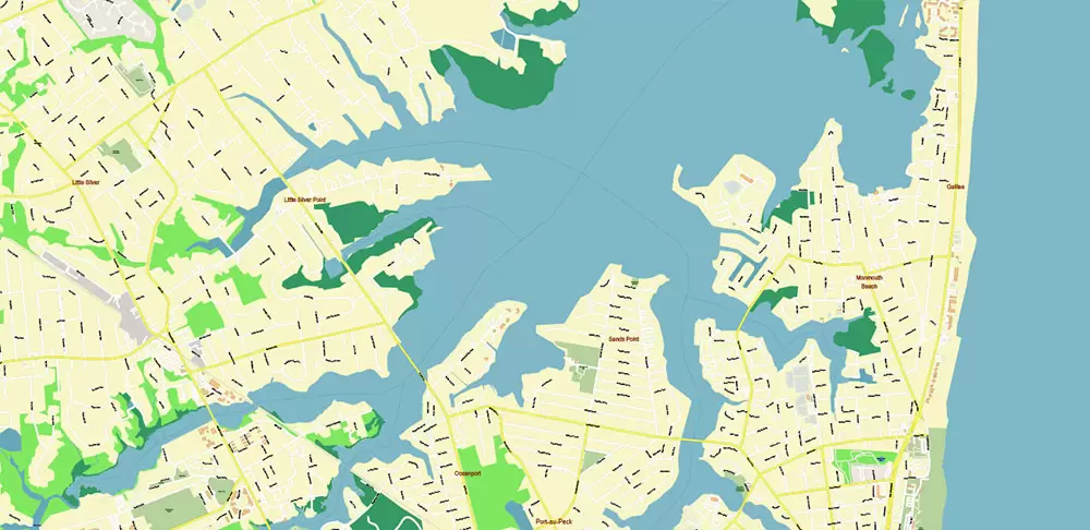 Long Branch Area New Jersey US PDF Vector Map: City Plan High Detailed Street Map editable Adobe PDF in layers