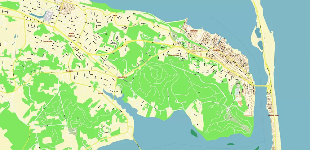 Long Branch Area New Jersey US PDF Vector Map: City Plan High Detailed Street Map editable Adobe PDF in layers