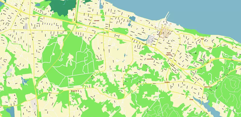Long Branch Area New Jersey US PDF Vector Map: City Plan High Detailed Street Map editable Adobe PDF in layers