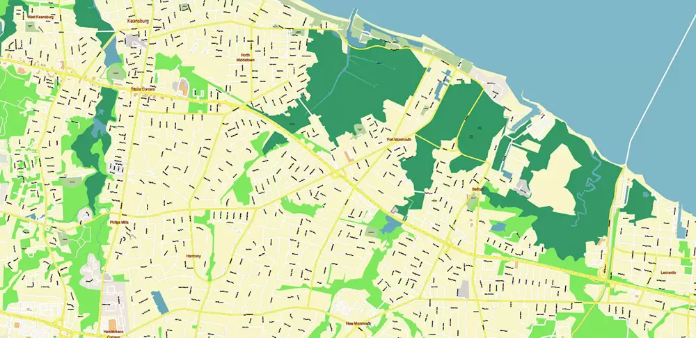Long Branch Area New Jersey US PDF Vector Map: City Plan High Detailed Street Map editable Adobe PDF in layers