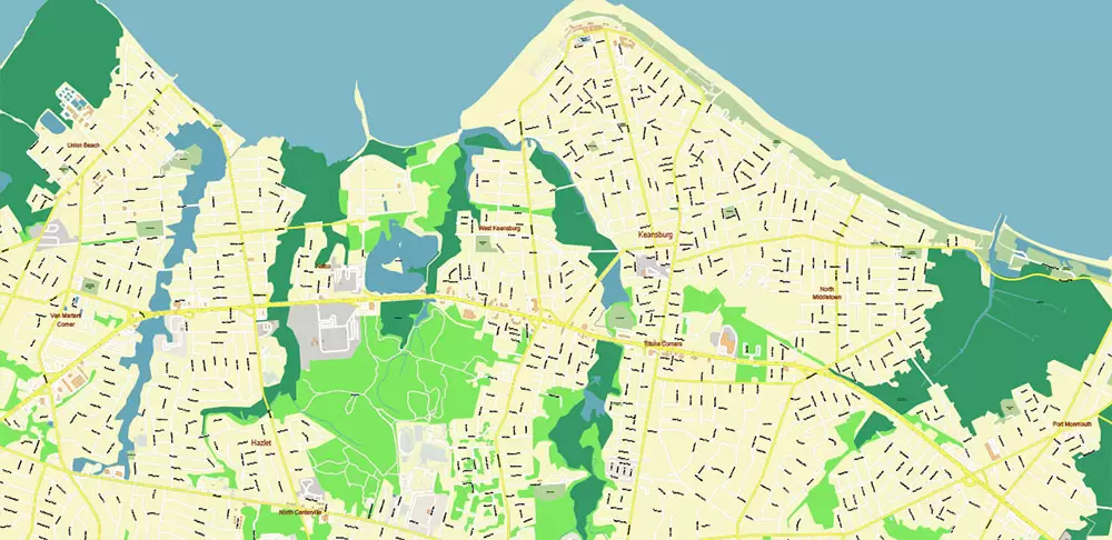 Long Branch Area New Jersey US PDF Vector Map: City Plan High Detailed Street Map editable Adobe PDF in layers